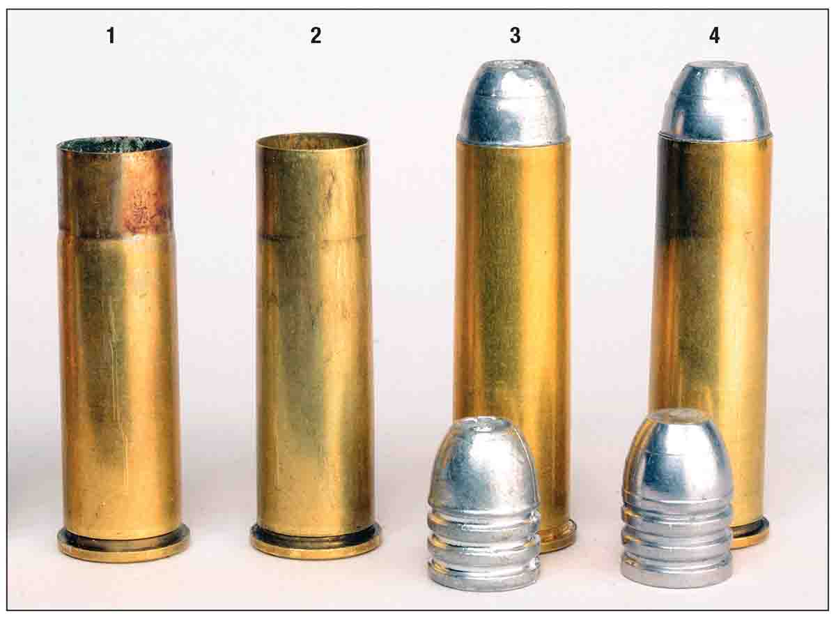 These .50-95 components include a (1) case fired from a Cimarron/Uberti Model 1876, a (2) case full length resized in C-H/4D dies, a (3) loaded round with a 340-grain bullet from a vintage Ideal mould and a (4) loaded round with a 350-grain bullet from a Hoch mould.